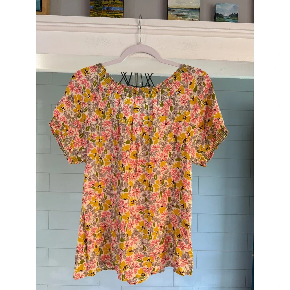 Boden Floral Smocked Neck Blouse Pink Yellow Short Puff Sleeve Top WA299 US 12